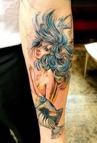 ປານ້ອຍແຂນທີ່ມີສີສັນແລະຮູບແບບ tattoo mermaid