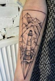 Arm small school black small lighthouse with geometric tattoo pattern