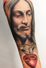 painted Jesus portrait and red heart tattoo pattern