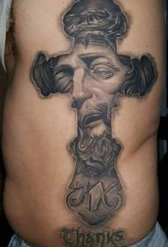 Seitenrippe schwarz graues Kreuz mit Jesus Portrait Tattoo Muster