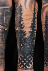 Arm Memorial Style Black and white old man letters and forest tattoo pattern