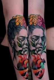 new school colored arm women face with flowers tattoo pattern