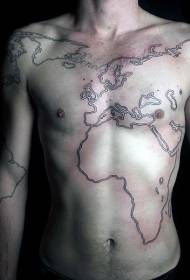 胸部和腹部簡單的黑線世界地圖紋身圖案
