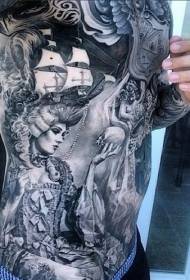 ओटीपोटात काळा आणि पांढरा वास्तववादी समुद्रपर्यटन महिला कवटीचा टॅटू नमुना