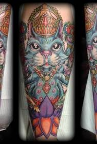 old school color Hindu cat and lotus tattoo pattern