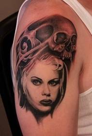 unusually combined black and white female portrait with skull tattoo pattern