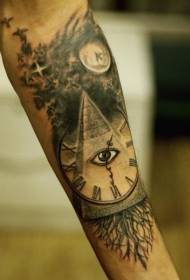 Ankle black tribal pyramid with bird and clock eye tattoo pattern
