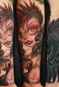 arm color sexy Witch with crow cartoon tattoo pattern