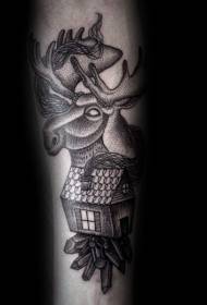 Гравіроўка ў стылі чорны кропкавы алень і малюнак хатняй татуіроўкі