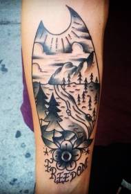 old school arm black mountain forest and letter tattoo pattern