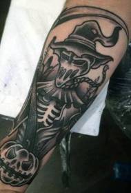 estilo de grabado negro del brazo cráneo de muerte con patrón de tatuaje de calabaza