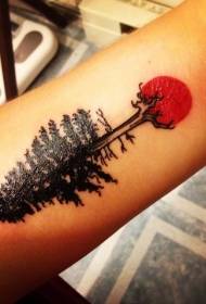 small black tree with red sun tattoo pattern