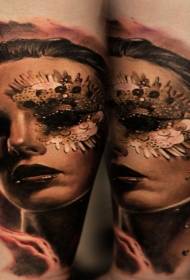 realistic and detailed female portrait with mask tattoo pattern
