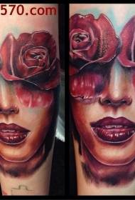 color mysterious new school beauty face and rose tattoo pattern