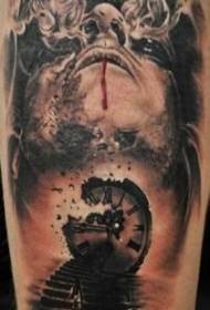 color horror style bleeding face and clock staircase tattoo pattern