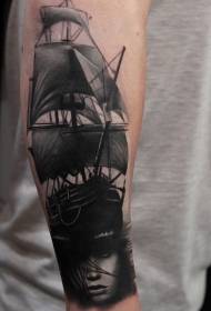 small arm old school black and white sailing boat with mysterious woman portrait tattoo pattern