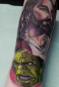 Jesus and Hulk combined color tattoo pattern