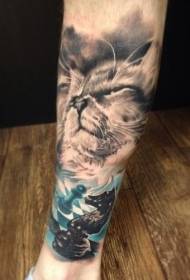 watercolor cat with chess piece tattoo pattern