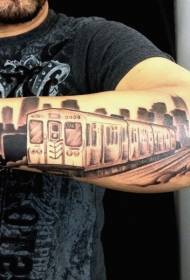 black gray style modern city train arm tattoo pattern