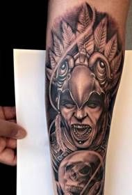 braț ritual tribal alb-negru și model de tatuaj craniu