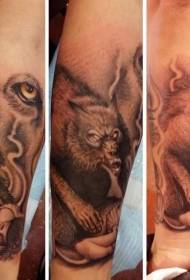 Arm sting style black and white devil wolf man tattoo pattern