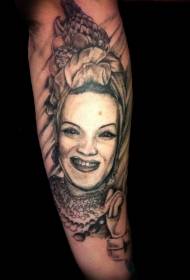 arm old school black female portrait with various fruit tattoo patterns