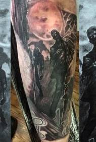 braț horror alb-negru diverse monștri și model de tatuaj lună mare