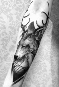 Arm Black Engraving style deer head geometric tattoo pattern