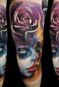 Accurately drawn color rose female portrait tattoo pattern