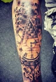 arm mystery Designed black and white old clock pyramid tattoo pattern
