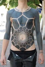 abdomen large area black hexagonal geometric combination tattoo pattern