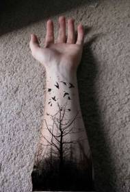 men's arm black forest and bird tattoo pattern