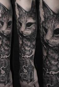 pequeno braço ponto preto e branco muito legal gato e casa tatuagem padrão