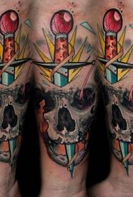 new school color human skull with dagger tattoo pattern
