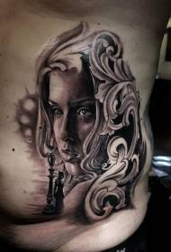 side rib black gray style woman face with chess tattoo pattern