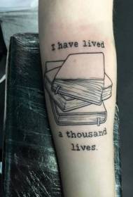 ръка черна линия стек от книги и писмо татуировка модел