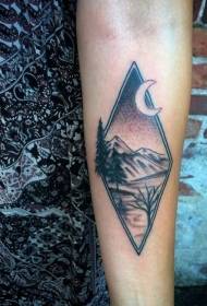 arm black geometric night mountain and tree tattoo pattern