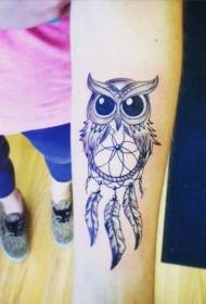 Small arm cute cartoon style black owl with dream catcher tattoo pattern