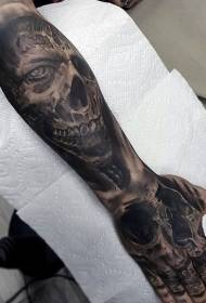 arm realistic black and white monster skull with skull tattoo pattern