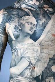chest and abdomen black and white angel statue with ancient church tattoo pattern