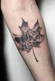 черни кленови листни контури с черни кленови листа с татуировка на планинска гора