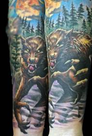 Arm Painted Evil Werewolf Forest Tattoo Model