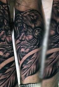 ramię niesamowity realistyczny wzór tatuażu czarny indyjski wódz i głowa wilka