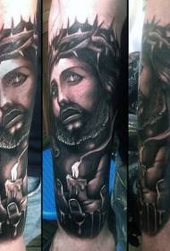 arm black gray style Jesus and burning candles Tattoo pattern