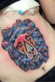 belly fantasy style color starry sky lion head tattoo pattern