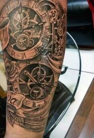 bras vieille école noir horloge mécanique rose et lettre modèle de tatouage 109537 - portrait de style religieux noir mystérieux avec motif de tatouage en croix