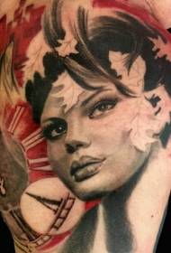 color beautiful girl portrait clock and leaf tattoo pattern