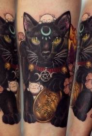 手臂黑色幸運貓和白色貓花紋身圖案