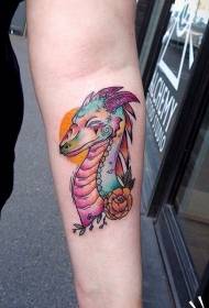 Brazo divertido colorido dragón y patrón de tatuaje de flor de sol