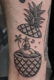 Kostka wyjątkowo zaprojektowany czarny tatuaż na małej wyspie i ananasie